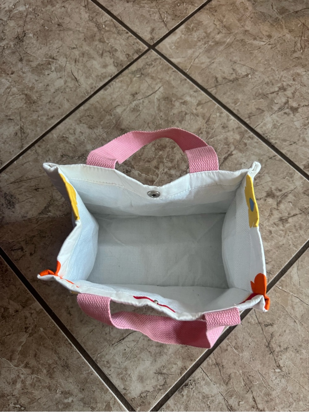 Time To Party Floral Canvas Tote - Pink Handles, Orange/Yellow/Blue Flowers - Picture 3 of 3